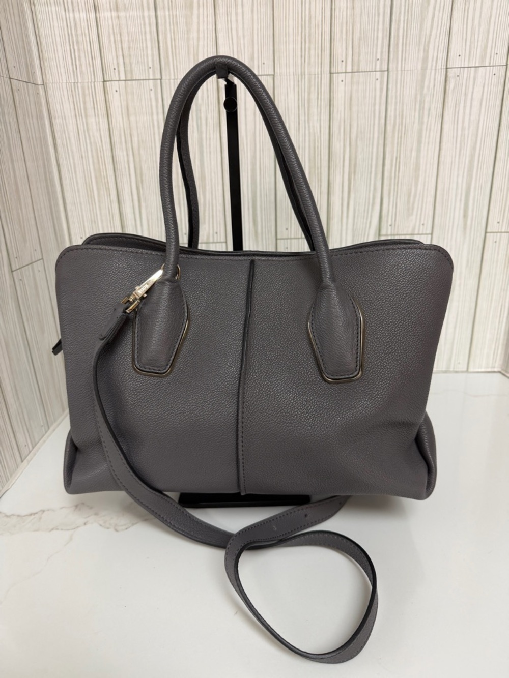 Tod’s Gray Pebbled Leather Satchel Crossbody Bag  Top Handle Designer - Picture 2 of 11